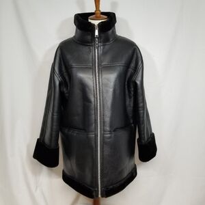 Rebecca Minkoff Womens Black Mid Length Car Coat Faux Leather & Fur Lined Small